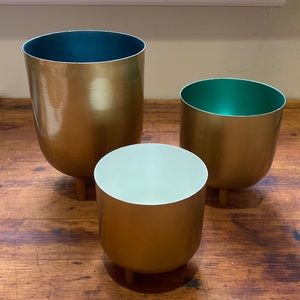 BRASS PLANTERS S/3 ~ Modern Glam • OceanBlue, MossGreen, ZenCream ~ 3 Sizes 🔵🟢⚪️